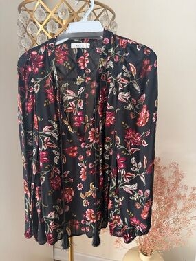 A.L.C. Black Floral Tassel-Front Silk Blouse